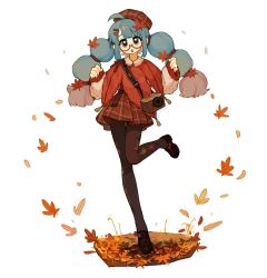 Rule 34 | 1girl, :o, ahoge, autumn, autumn leaves, beret, black footwear, blue eyes, blue hair, bow, camera, capelet, collared shirt, colored tips, falling leaves, full body, glasses, grey hair, hair ornament, hairclip, hands up, hat, hatsune miku, leaf, leaf hair ornament, leaf print, loafers, long hair, long sleeves, looking at viewer, maple leaf, multi-tied hair, multicolored hair, plaid headwear, red-framed eyewear, red bow, red capelet, red hat, red skirt, red theme, semi-rimless eyewear, shirt, shoes, sidelocks, simple background, skirt, solo, standing, standing on one leg, streaked hair, suuroku, triangle, twintails, under-rim eyewear, vocaloid, white background, white shirt