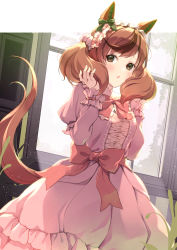 Rule 34 | 1girl, animal ears, blush, brown eyes, brown hair, commentary request, dress, highres, horse ears, horse girl, horse tail, layered sleeves, long hair, long sleeves, multicolored hair, nice nature (umamusume), open mouth, pink dress, puffy short sleeves, puffy sleeves, red hair, short over long sleeves, short sleeves, solo, streaked hair, tail, twitter username, umamusume, window, yoshino ryou