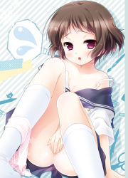 Rule 34 | 10s, 1girl, :o, ass, blush, bottomless, breasts, brown hair, chestnut mouth, cleavage, covering privates, covering crotch, diagonal stripes, flying sweatdrops, hyouka, ibara mayaka, long legs, looking at viewer, open mouth, panties, panties around leg, pink panties, plaid, plaid panties, purple eyes, red eyes, saji-wata, sasai saji, school uniform, short hair, snowflakes, socks, solo, spoken flying sweatdrops, striped, striped background, underwear
