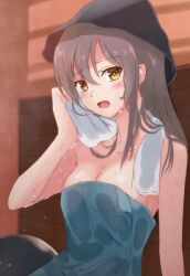 Rule 34 | 1girl, blush, breasts, brown hair, cleavage, collarbone, commentary, dripping, hair between eyes, heaven burns red, highres, hot, indoors, key (company), lelie (lelie link), long bangs, looking at viewer, medium breasts, messy hair, naked towel, ooshima ichiko, open mouth, sauna, sidelocks, steam, sweat, towel, towel around neck, upper body, very sweaty, wiping face, wiping sweat, yellow eyes