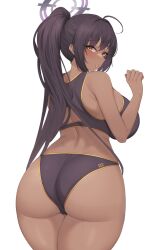Rule 34 | 1girl, ahoge, alternate breast size, ass, bare shoulders, bikini, black bikini, black hair, black sports bra, blue archive, blush, breasts, commentary, cowboy shot, curvy, dark-skinned female, dark skin, from behind, halo, hand up, high ponytail, highres, huge ass, huge breasts, karin (blue archive), kuavera, long hair, looking at viewer, looking back, number print, parted lips, raised eyebrows, simple background, solo, sports bikini, sports bra, sportswear, sweat, swimsuit, thick thighs, thighs, very long hair, white background, wide hips, yellow eyes