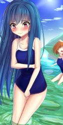 Rule 34 | 2girls, bad id, bad pixiv id, between legs, blue hair, blue sky, blue one-piece swimsuit, blush, breasts, cloud, collarbone, competition school swimsuit, day, embarrassed, female focus, hand between legs, hand up, have to pee, highres, long hair, manawana, multiple girls, one-piece swimsuit, orange hair, original, outdoors, pink eyes, school swimsuit, short hair, sky, small breasts, solo focus, standing, sunlight, swimsuit, tears, wading, water, wet