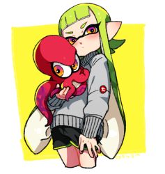 Rule 34 | 1girl, animal, black shorts, blush, cropped legs, dated, dolphin shorts, green hair, grey sweater, gym shorts, head tilt, holding, holding animal, inkling, inkling girl, inkling player character, light frown, logo, long hair, long sleeves, looking at viewer, mask, nintendo, octoling, octoling player character, octopus, orange eyes, outside border, pointy ears, red eyes, short shorts, shorts, splatoon (series), standing, sweater, tentacle hair, yellow background, yeneny