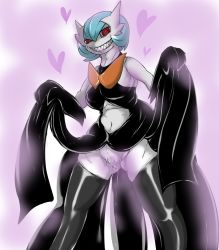 Rule 34 | 1girl, alternate color, artist request, black thighhighs, blue hair, boots, clothes lift, creatures (company), dress, dress lift, game freak, gardevoir, gen 3 pokemon, grin, heart, heart-shaped pupils, highres, legs apart, lifted by self, navel, nintendo, no humans, pokemon, pokemon (creature), purple background, pussy, pussy juice, red eyes, shiny pokemon, short hair, simple background, smile, solo, symbol-shaped pupils, teeth, thighhighs, uncensored
