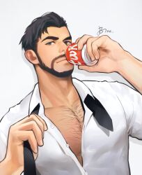 Rule 34 | 1boy, bara, bare pectorals, beard, black hair, blue eyes, breezem18, can, chest hair, closed mouth, cola, drop shadow, facial hair, full beard, highres, holding, holding can, holding tie, looking at viewer, male focus, muscular, muscular male, necktie, open clothes, open shirt, original, partially undressed, pectorals, shirt, short hair, sideburns, solo, thick eyebrows, undone necktie, white background, white shirt