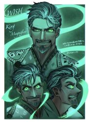 Rule 34 | 1boy, animification, beard, clenched teeth, evil smile, facial hair, glowing, glowing eyes, goatee, gradient hair, green theme, grey hair, highres, king magnifico, male focus, mature male, messy hair, multicolored hair, multiple views, nervous sweating, profile, royal robe, sanpaku, short hair, sideways glance, smile, sweat, teeth, thick beard, thick eyebrows, thick mustache, translation request, waguri 341, wish (disney)