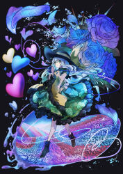 Rule 34 | 1girl, absurdres, aqua hair, black background, black footwear, black hat, blouse, blue flower, blue rose, blush, boots, bow, bright pupils, buttons, closed mouth, diamond button, eyeball, floral print, flower, frilled shirt collar, frilled skirt, frilled sleeves, frills, full body, green skirt, hair between eyes, hands up, hat, hat bow, hat ribbon, heart, heart-shaped pupils, highres, komeiji koishi, long hair, long sleeves, ribbon, rose, rose print, shirt, sidelocks, simple background, skirt, smile, solo, spikes, standing, symbol-shaped pupils, taiju (gr09kuma), third eye, thorns, touhou, wavy hair, wide sleeves, yellow bow, yellow ribbon, yellow shirt