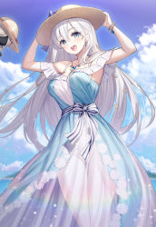 Rule 34 | 1girl, :d, anastasia (fate), anastasia (swimsuit archer) (first ascension) (fate), arms up, bare shoulders, blue dress, blue eyes, blue sky, blush, bow, breasts, brown hair, brown hat, cloud, commentary request, day, dress, fate/grand order, fate (series), gluteal fold, hair between eyes, hand on headwear, hat, highres, medium breasts, no panties, off-shoulder dress, off shoulder, open mouth, outdoors, ririko (zhuoyandesailaer), see-through, sky, smile, solo, sparkle, striped, striped bow, sun hat, teeth, thigh gap, upper teeth only, white dress, white hair