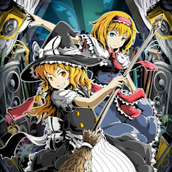 Rule 34 | &gt;:(, 2girls, album cover, alice margatroid, apron, black hat, black skirt, blonde hair, blue dress, blue eyes, bow, braid, broom, capelet, coba (bushclover), cover, dress, frown, grin, hair bow, hairband, hat, hat bow, highres, holding, kirisame marisa, light, long hair, looking at viewer, loose necktie, multiple girls, necktie, outstretched arm, puffy short sleeves, puffy sleeves, sash, short hair, short sleeves, side braid, skirt, smile, speaker, spotlight, touhou, v-shaped eyebrows, vest, waist apron, white bow, witch hat, yellow eyes