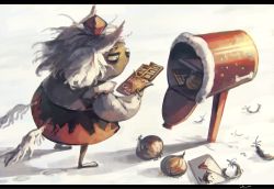 Rule 34 | 1girl, candy, chocolate, chocolate bar, commentary, feathers, food, inubashiri momiji, koto inari, letter, letterboxed, low wings, mailbox, onion, short hair, snow, solo, touhou, wings