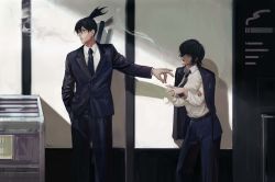 Rule 34 | 1boy, 1girl, absurdres, belt, black belt, black hair, black jacket, black neckwear, black pants, black suit, blue eyes, chainsaw man, cigarette, collared shirt, commentary, dress shirt, ear piercing, eyepatch, feet out of frame, formal, fox shadow puppet, hand in pocket, hayakawa aki, high ponytail, highres, himeno (chainsaw man), holding, holding cigarette, jacket, jacket on shoulders, long sleeves, looking at another, looking away, nazgul (5511474), necktie, neckwear request, one eye covered, pants, piercing, shirt, short hair, smoke, smoking, standing, suit, white shirt