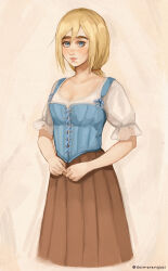 1girl absurdres blonde_hair blue_corset blue_eyes brown_skirt corset dosmerengues frilled_sleeves frills hair_between_eyes highres krista_lenz long_skirt looking_at_viewer ponytail puffy_sleeves shingeki_no_kyojin shirt short_sleeves simple_background skirt solo white_shirt