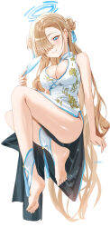 Rule 34 | 1girl, alternate costume, alternate hairstyle, artist name, ass, asuna (blue archive), barefoot, blue archive, blue eyes, blue nails, breasts, china dress, chinese clothes, cleavage, double bun, dress, fingernails, full body, hair bun, hair over one eye, haruri, highres, large breasts, light brown hair, long hair, mole, mole on breast, nail polish, signature, simple background, soles, solo, white background, white dress