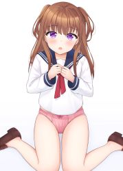 Rule 34 | 1girl, :o, bad id, bad pixiv id, black sailor collar, blush, bow, bow panties, brown footwear, brown hair, hands up, highres, loafers, long hair, long sleeves, looking at viewer, no pants, no socks, open mouth, original, panties, pink panties, purple eyes, red neckwear, sailor collar, school uniform, serafuku, seventeen (st17215), shirt, shoes, simple background, sitting, solo, two side up, underwear, wariza, white background, white shirt