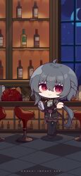 Rule 34 | absurdres, ahoge, bar (place), bartender, black leggings, black necktie, bottle, bouquet, chibi, chinese commentary, crescent, cup, flower, full body, grey hair, hair between eyes, highres, holding, holding cup, honkai (series), honkai impact 3rd, indoors, leggings, logo, long hair, long sleeves, looking at viewer, moon, necktie, official alternate costume, official art, official wallpaper, outstretched arm, raven (honkai impact), red flower, smile, standing, thigh strap, window, wine bottle
