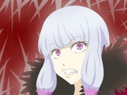 Rule 34 | 1girl, agria (tales), angry, clenched teeth, freckles, grey hair, long hair, open mouth, purple eyes, red background, tales of (series), tales of xillia, teeth