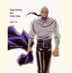 Rule 34 | 1boy, ankh, artist name, belt, clenched hand, cloak, closed mouth, dark-skinned male, dark skin, dated, earrings, facial tattoo, grey shirt, happy birthday, highres, holding, jewelry, male focus, mixed-language commentary, pants, purple cloak, rishid ishtar, shirt, solo, soya (sys ygo), tattoo, watermark, yellow eyes, yu-gi-oh!, yu-gi-oh! duel monsters