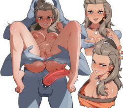 Rule 34 | 1boy, 1girl, ari (ariel lopez550), blush, breasts, clitoris, completely nude, creatures (company), dark-skinned female, dark skin, full body, game freak, gen 1 pokemon, highres, large breasts, looking at viewer, machamp, navel, nintendo, nipples, nude, open mouth, penis, pokemon, pokemon sv, pussy, sada (pokemon), simple background, spread legs, spread pussy, teeth, uncensored
