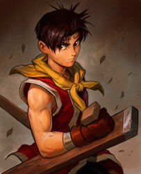 Rule 34 | 1boy, brown eyes, brown hair, dave rapoza, gensou suikoden, gensou suikoden ii, gloves, highres, leaf, male focus, neckerchief, red gloves, riou (suikoden), serious, solo, toned, toned male, tonfa, upper body, v-shaped eyebrows, weapon, yellow neckerchief