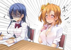 Rule 34 | 2girls, blue eyes, blue hair, breast expansion, breasts, drinking, drinking straw, drinking straw in mouth, embarrassed, gloom (expression), highres, kosaka honoka, large breasts, long hair, looking at another, love live!, love live! school idol project, md5 mismatch, medium hair, multiple girls, natsumeyuki (siroyuki026), orange hair, resolution mismatch, shaded face, side ponytail, sonoda umi, source larger, spitting, strawberry milk, surprised, yellow eyes