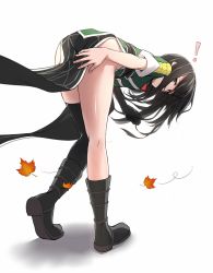 Rule 34 | !, 10s, 1girl, ass, bad id, bad pixiv id, belt, black footwear, black gloves, black hair, black thighhighs, boots, breasts, brown eyes, chikuma (kancolle), den (kur0 yuki), elbow gloves, from behind, full body, gloves, kantai collection, kneepits, leaf, leaning forward, long hair, looking at viewer, looking back, maple leaf, pelvic curtain, short sleeves, sidelocks, single glove, single thighhigh, small breasts, solo, standing, thighhighs