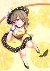 Rule 34 | :q, asymmetrical hair, bare legs, belt, black footwear, blue belt, blue bow, blue ribbon, blush, bob cut, bow, brown hair, buttons, dress, food, fruit, gloves, grey hair, hat, hat ribbon, high heels, highres, lemon, looking at viewer, love live!, love live! nijigasaki high school idol club, nakasu kasumi, neck ribbon, oda (101511a), one eye closed, oversized food, oversized object, pointing, pointing at self, polka dot headwear, poppin&#039; up (love live!), puffy short sleeves, puffy sleeves, red eyes, ribbon, short hair, short sleeves, sitting on food, solo, tongue, tongue out, top hat, white bow, white gloves, yellow dress, yellow hat