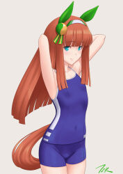 Rule 34 | 1girl, animal ears, aqua eyes, arms behind head, artist logo, artist name, blue one-piece swimsuit, competition school swimsuit, covered navel, cowboy shot, ear covers, flat chest, hairband, highres, hime cut, horse ears, horse girl, horse tail, one-piece swimsuit, orange hair, school swimsuit, silence suzuka (umamusume), smile, solo, swimsuit, t2r, tail, tracen swimsuit, umamusume, white hairband