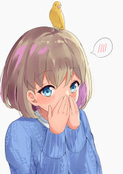 Rule 34 | 1girl, absurdres, animal, animal on head, bird, bird on head, blue eyes, blush, brown hair, covering own mouth, feza chen (ushaku), hands up, highres, long sleeves, looking at viewer, love live!, love live! superstar!!, on head, short hair, solo, speech bubble, spoken blush, sweater, tang keke
