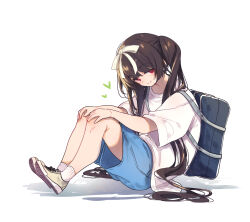 Rule 34 | 1girl, absurdly long hair, bag, blue shorts, blush, brown footwear, brown hair, closed mouth, commentary request, full body, hair ribbon, hamayumiba sou, hands on own knees, heart, heart in eye, highres, knees up, long hair, looking at viewer, original, red eyes, ribbon, school bag, shadow, shirt, shoes, short sleeves, shorts, simple background, sitting, smile, sneakers, solo, split mouth, symbol in eye, very long hair, white background, white ribbon, white shirt