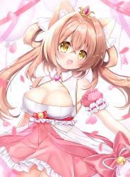 Rule 34 | 1girl, :d, animal ear fluff, animal ears, azur lane, balloon, bare shoulders, bell, blush, bow, breasts, brown eyes, brown hair, cat ears, cleavage, commentary request, detached sleeves, frilled skirt, frills, hair between eyes, hair rings, highres, jingle bell, looking at viewer, medium breasts, michishio (azur lane), michishio (fluttering fanfare) (azur lane), official alternate costume, open mouth, petals, pink skirt, pink sleeves, pleated skirt, puffy short sleeves, puffy sleeves, red bow, shikito (yawa0w0), shirt, short sleeves, skirt, sleeveless, sleeveless shirt, smile, solo, tiara, twintails, white shirt