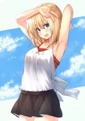 Rule 34 | 1girl, :d, armpits, arms up, bare arms, bare shoulders, black skirt, blonde hair, blue eyes, blush, breasts, cleavage, collarbone, cowboy shot, fang, frills, highres, leyte, looking at viewer, medium breasts, miniskirt, open mouth, original, red shirt, shirt, shirt tucked in, short hair, skirt, sleeveless, sleeveless shirt, smile, solo, standing, undershirt, v, white shirt