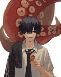 Rule 34 | 1boy, absurdres, black hair, black necktie, chainsaw man, eating, eyepatch, fingernails, food, food in mouth, hair between eyes, highres, holding, holding food, lower teeth only, male focus, mole, mole on neck, mole under mouth, necktie, neckwear request, null (skev7724), open mouth, signature, solo, takoyaki, teeth, tentacles, tongue, upper body, white background, yoshida hirofumi