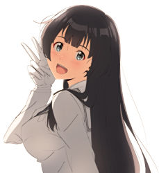 Rule 34 | 1girl, :d, agano (kancolle), alternate costume, black hair, blue eyes, breasts, gloves, kantai collection, key kun, large breasts, long hair, looking at viewer, open mouth, simple background, smile, solo, uniform, upper body, white background, white gloves, white uniform