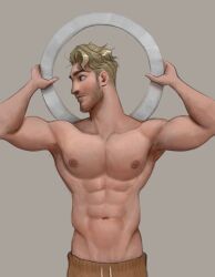 Rule 34 | 1boy, abs, arms up, bare arms, blonde hair, blue eyes, coral island, facial hair, looking to the side, male focus, muscular, muscular male, nipples, non-web source, pants, scott (coral island), solo, standing, sweatpants, topless male, video game, white background, workout clothes