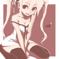 Rule 34 | 1girl, babydoll, breasts, cleavage, lowres, monochrome, oekaki, pink theme, sitting, smile, solo, strap slip, thighhighs, twintails, wariza