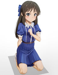 Rule 34 | 1girl, absurdres, arms behind back, belt, blue bow, blue dress, blush, bow, breasts, brown belt, brown eyes, brown hair, buttons, child, closed mouth, collar, commentary, dress, eyelashes, full body, g9in32, hair bow, hand on own chest, hand up, highres, idolmaster, idolmaster cinderella girls, idolmaster cinderella girls u149, kneeling, legs, long hair, looking at viewer, no shoes, pleated dress, puffy short sleeves, puffy sleeves, short sleeves, sidelocks, small breasts, socks, solo, tachibana arisu, thighs, white background, white collar, white socks
