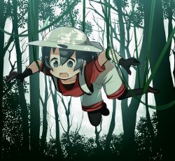 Rule 34 | 10s, 1girl, backpack, bad id, bad twitter id, bag, black hair, blue eyes, bound, bucket hat, feathers, gloves, hat, highres, kaban (kemono friends), kemono friends, loafers, pantyhose, plant, shirt, shoes, short hair, short sleeves, shorts, solo, t-shirt, tied up (nonsexual), vines, yutsu