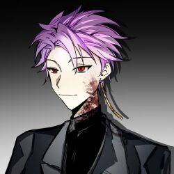 Rule 34 | 1boy, black sweater, blood, blood on clothes, blood on face, chinese commentary, closed mouth, commentary request, earrings, feiniao ming, gradient background, grey jacket, highres, jacket, jewelry, long sleeves, male focus, open clothes, open jacket, portrait, purple hair, red eyes, saibou shinkyoku, short hair, simple background, smile, solo, sweater, theodore riddle, turtleneck, turtleneck sweater
