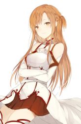 Rule 34 | 10s, 1girl, armor, asuna (sao), braid, breastplate, breasts, brown eyes, brown hair, crossed arms, dress, half updo, long hair, long sleeves, looking at viewer, lpip, medium breasts, open mouth, pleated skirt, red skirt, simple background, sitting, skirt, smile, solo, sword art online, white background, white dress