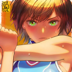 Rule 34 | 1girl, armpits, bare arms, bare shoulders, blue one-piece swimsuit, blush, brown hair, closed mouth, competition swimsuit, dated, eye focus, eyelashes, green eyes, highres, ikeda (cpt), looking at viewer, one-piece swimsuit, original, portrait, serious, short hair, solo, stretching, sweat, swimsuit