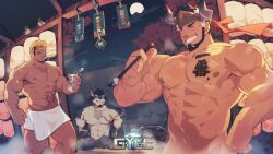 Rule 34 | 3boys, abs, bara, beard, black hair, blonde hair, blush, body writing, bottle, closed eyes, completely nude, copyright name, facial hair, furry, furry male, gyee, highres, holding, holding bottle, large pectorals, looking at another, male focus, milk bottle, morgan (gyee), multicolored hair, multiple boys, muscular, muscular male, navel, nipples, nude, official art, ox horns, pectorals, romg, scar, scar across eye, scar on face, smile, stomach tattoo, takashi (gyee), tattoo, teeth, thick thighs, thighs, towel, towel around waist, two-tone hair, white hair, zixiong zix
