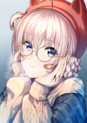 Rule 34 | 1girl, ahoge, animal ears, aogiri koukou, bandaid, bandaid on face, blue background, blue eyes, blue jacket, braid, character request, fake animal ears, glasses, hair between eyes, hands on own cheeks, hands on own face, hat, heavy breathing, highres, jacket, long sleeves, one side up, plaid, plaid jacket, red hat, round eyewear, short hair, silver hair, simple background, solo, sweater, tunamayochan, upper body, virtual youtuber, white sweater