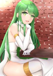 Rule 34 | 1girl, arm on table, bare shoulders, breasts, brick wall, chuu (rinet), elbow gloves, fire emblem, fire emblem: mystery of the emblem, fire emblem heroes, gloves, green eyes, green hair, head on hand, headband, long hair, looking at viewer, nintendo, open mouth, palla (fire emblem), sitting, solo, table, white gloves