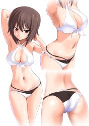 Rule 34 | 10s, 1girl, armpits, ass, bad id, bad twitter id, bikini, blurry, breasts, brown eyes, brown hair, cleavage, cowboy shot, criss-cross halter, depth of field, front-tie bikini top, front-tie top, gin&#039;you haru, girls und panzer, hair between eyes, halterneck, halterneck, highres, inactive account, large breasts, multiple views, navel, nishizumi maho, simple background, standing, swimsuit, white background, white bikini