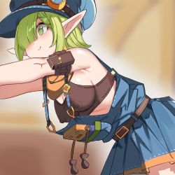 Rule 34 | 1girl, aoi (mechanic) (princess connect!), aoi (princess connect!), blue hat, blue overalls, breasts, covered erect nipples, green eyes, green hair, hair over one eye, hat, leaning forward, medium breasts, nipples, overall skirt, overalls, pointy ears, princess connect!, short hair, simple background, simplecar, smile, solo