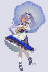 Rule 34 | 1girl, absurdres, alternate costume, apron, ayaka (genshin impact), black dress, blue eyes, blue footwear, blue hair, blunt tresses, corset, dress, enmaided, frilled apron, frilled skirt, frills, full body, genshin impact, grey background, high heels, highres, holding, holding umbrella, knees together feet apart, light blue hair, long hair, long sleeves, looking at viewer, maid, maid headdress, mole, mole under eye, parted lips, ponytail, rui (gsr1982), shirt, signature, simple background, skirt, solo, thighhighs, umbrella, very long hair, white apron, white shirt, white thighhighs