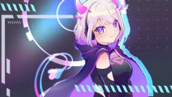 Rule 34 | 1girl, :3, absurdres, black bodysuit, black cape, bob cut, bodysuit, breasts, cape, clothing cutout, detached horns, gradient hair, gradient horns, hair intakes, headphones, highres, holographic horns, horns, indie virtual youtuber, looking at viewer, medium hair, mitsui (mmdwn 0520), motherv3, multicolored eyes, multicolored hair, multicolored horns, neon trim, pink horns, purple cape, purple eyes, purple horns, smile, solo, tail, tail through clothes, touching tail, two-sided cape, two-sided fabric, two-tone eyes, virtual youtuber, white eyes