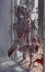 Rule 34 | 1girl, aosora (mizore), bandaid, barefoot, blood, blood on ground, blood on clothes, bow, cleaver, detached arm, door, dress, green hair, guro, long hair, original, pink bow, solo, torn clothes, torn dress