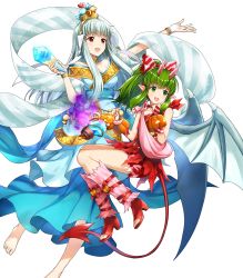 Rule 34 | 2girls, amagai tarou, bare shoulders, barefoot, breasts, candy, costume, demon tail, dragon wings, dress, feet, female focus, fire emblem, fire emblem: mystery of the emblem, fire emblem: the blazing blade, fire emblem heroes, food, full body, green eyes, green hair, hair ornament, halloween, halloween costume, highres, holding, horns, jack-o&#039;-lantern, long dress, long hair, looking away, matching hair/eyes, medium breasts, multiple girls, ninian, nintendo, official alternate costume, official art, oni, oni horns, open mouth, pointy ears, ponytail, red dress, red eyes, red footwear, sandals, short dress, sidelocks, silver hair, sleeveless, smile, snowflake print, tail, tiki (fire emblem), tiki (young) (fire emblem), toeless footwear, toes, trait connection, transparent background, wings