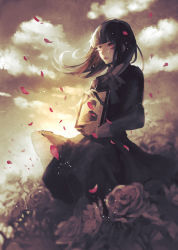 Rule 34 | 1girl, black dress, black hair, blunt bangs, cloud, cloudy sky, crying, crying with eyes open, dress, eyelashes, flower, framed, hime cut, iei, lips, long sleeves, looking away, original, petals, photo (object), picture frame, red eyes, rose, sepia, short hair, sky, solo, tears, wind, yumepon